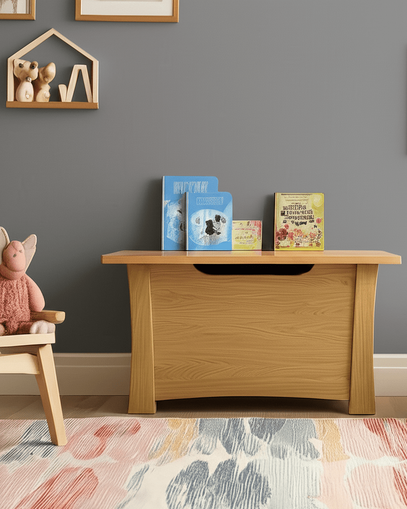 Wooden storage box with open front and books inside