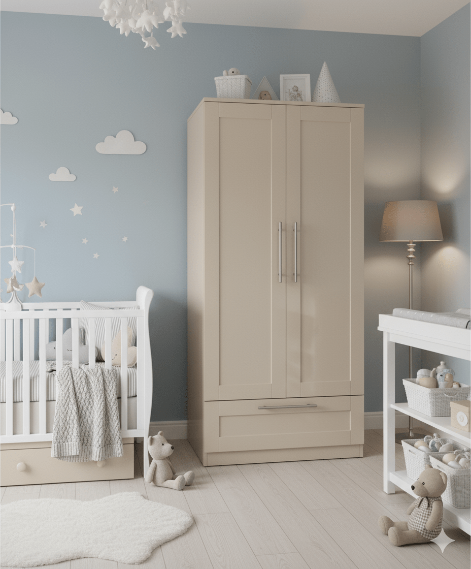 Cream cashmere wardrobe, two doors and lower drawer, front view