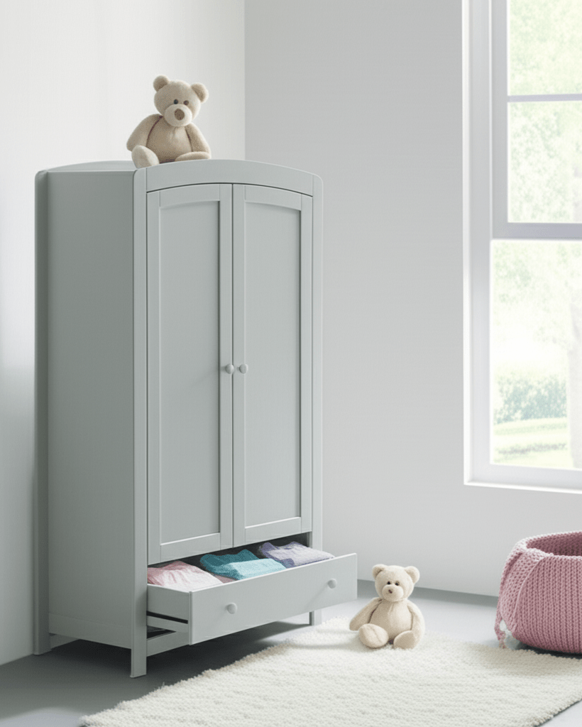 Grey Mia arched wardrobe with two doors and bottom drawer