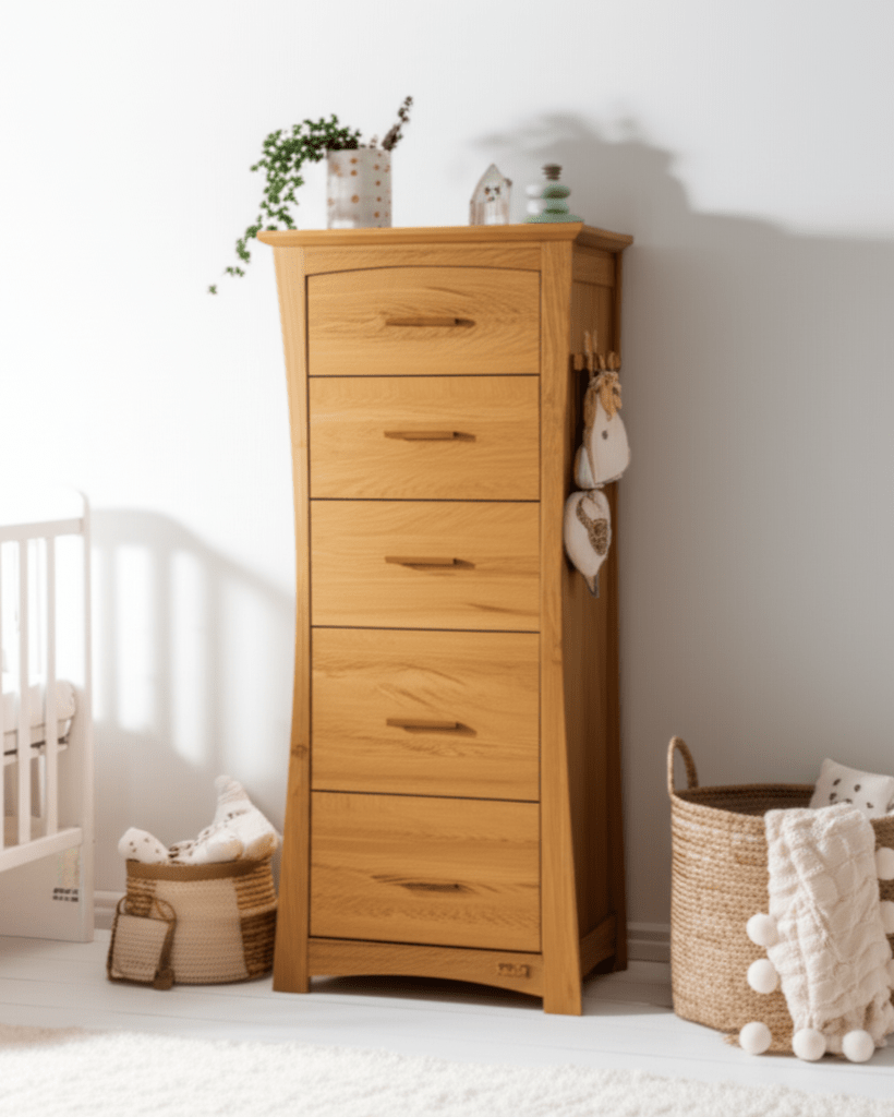 Tall wooden storage cabinet with five drawers and bar handles, side view