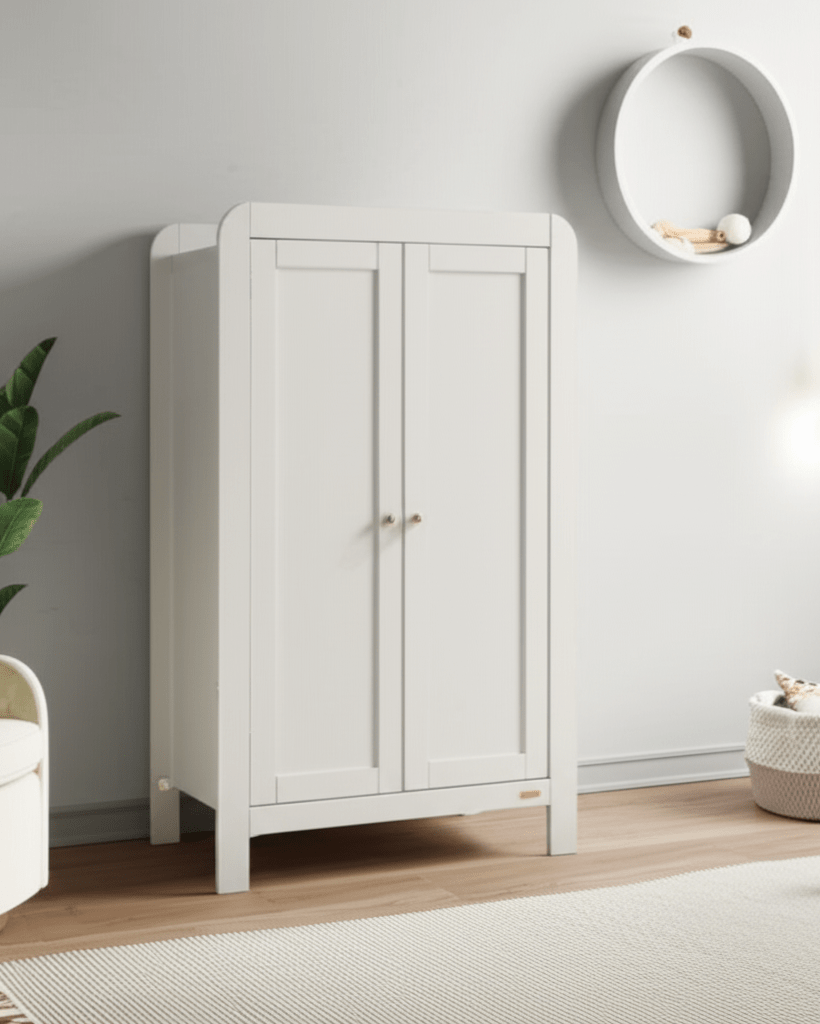 Ivory wardrobe with two paneled doors and small round knobs