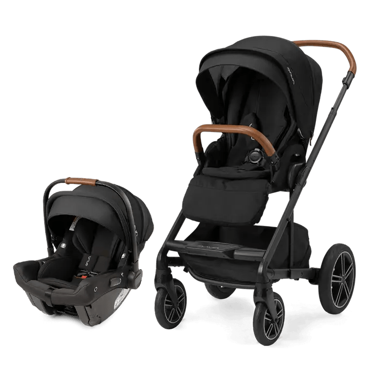 Black stroller and infant car seat bundle with brown handle accents and wheels.