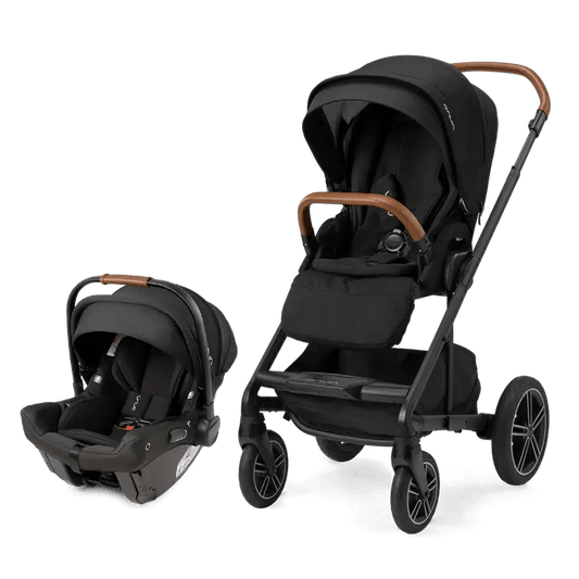 Black stroller and infant car seat bundle with brown handle accents and wheels.