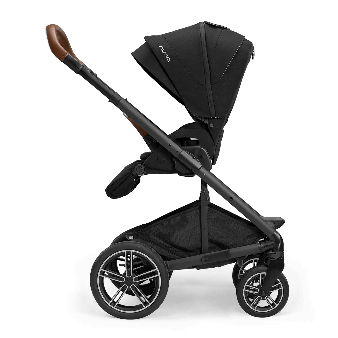 Black stroller with multi-position seat and canopy, standing in studio view.