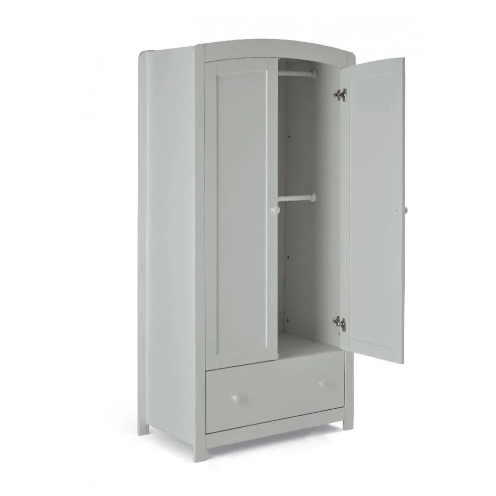 Grey Mia wardrobe with one door open, showing interior shelf and hanging rail