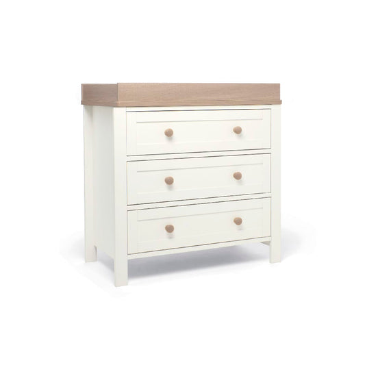 White dresser changer with natural wood top and three drawers with round wooden knobs
