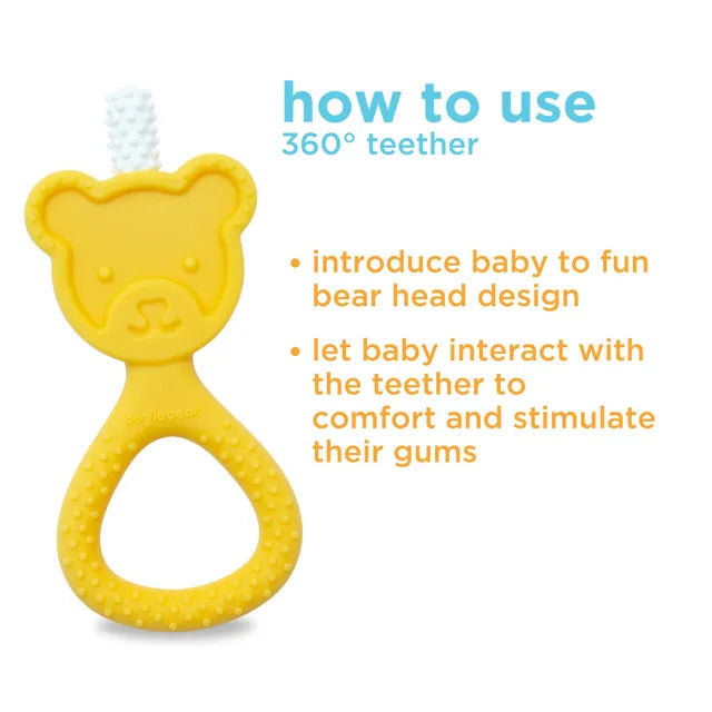Yellow silicone teddy-bear teether with white bristle tip and raised grip bumps