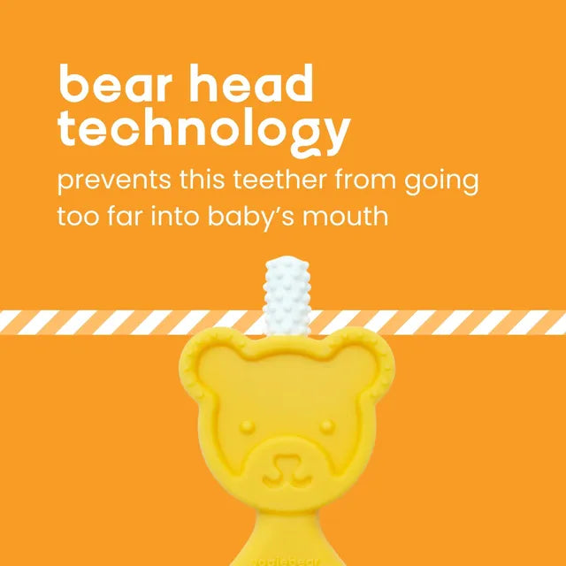Yellow bear-head silicone teether with white bristle tip, front view