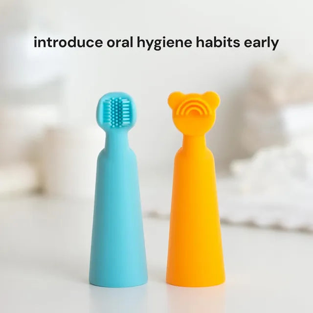 Silicone baby finger brush and tongue scraper, blue and orange, upright.