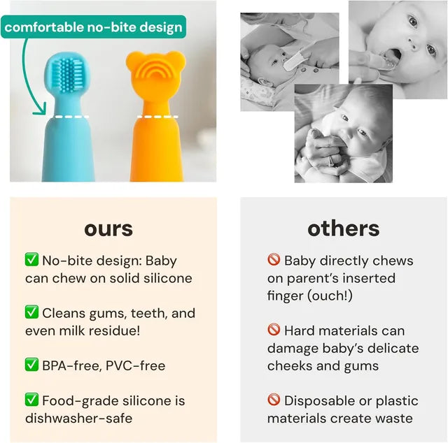 Two silicone baby brushes for gum cleaning, blue and orange.