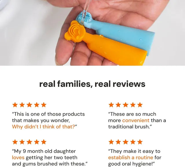 Silicone baby finger brush and tongue scraper, blue and orange, close-up in hand.