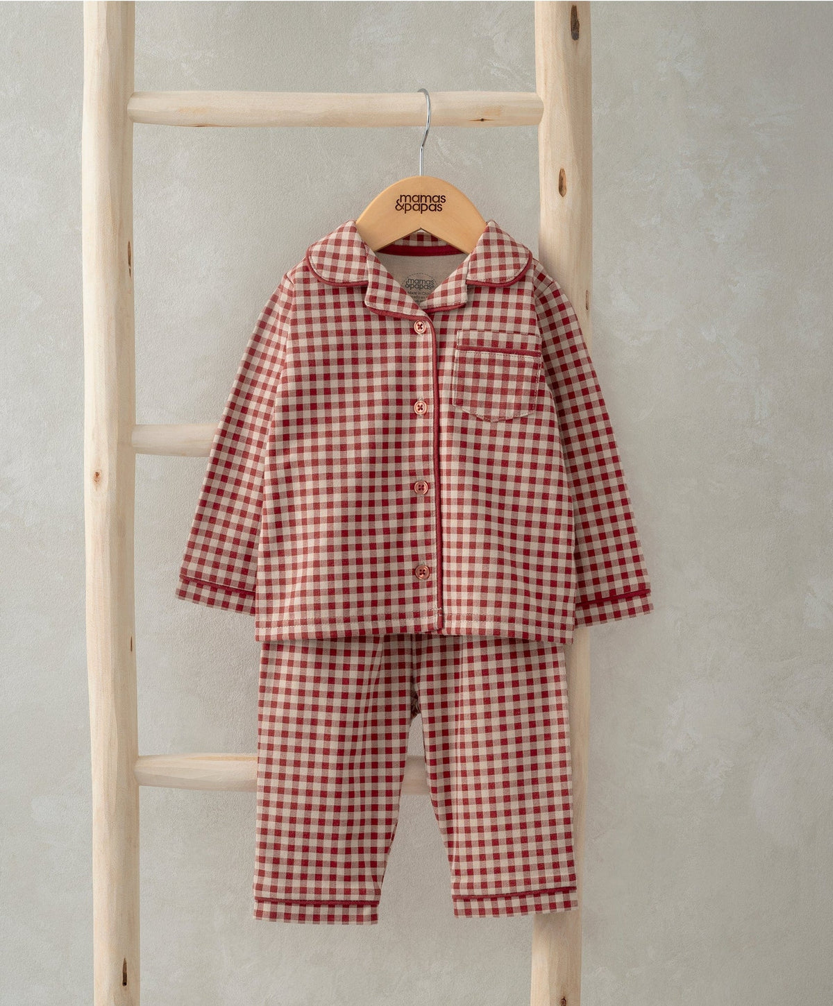Red and white check jersey pyjama set, button-front top and matching trousers