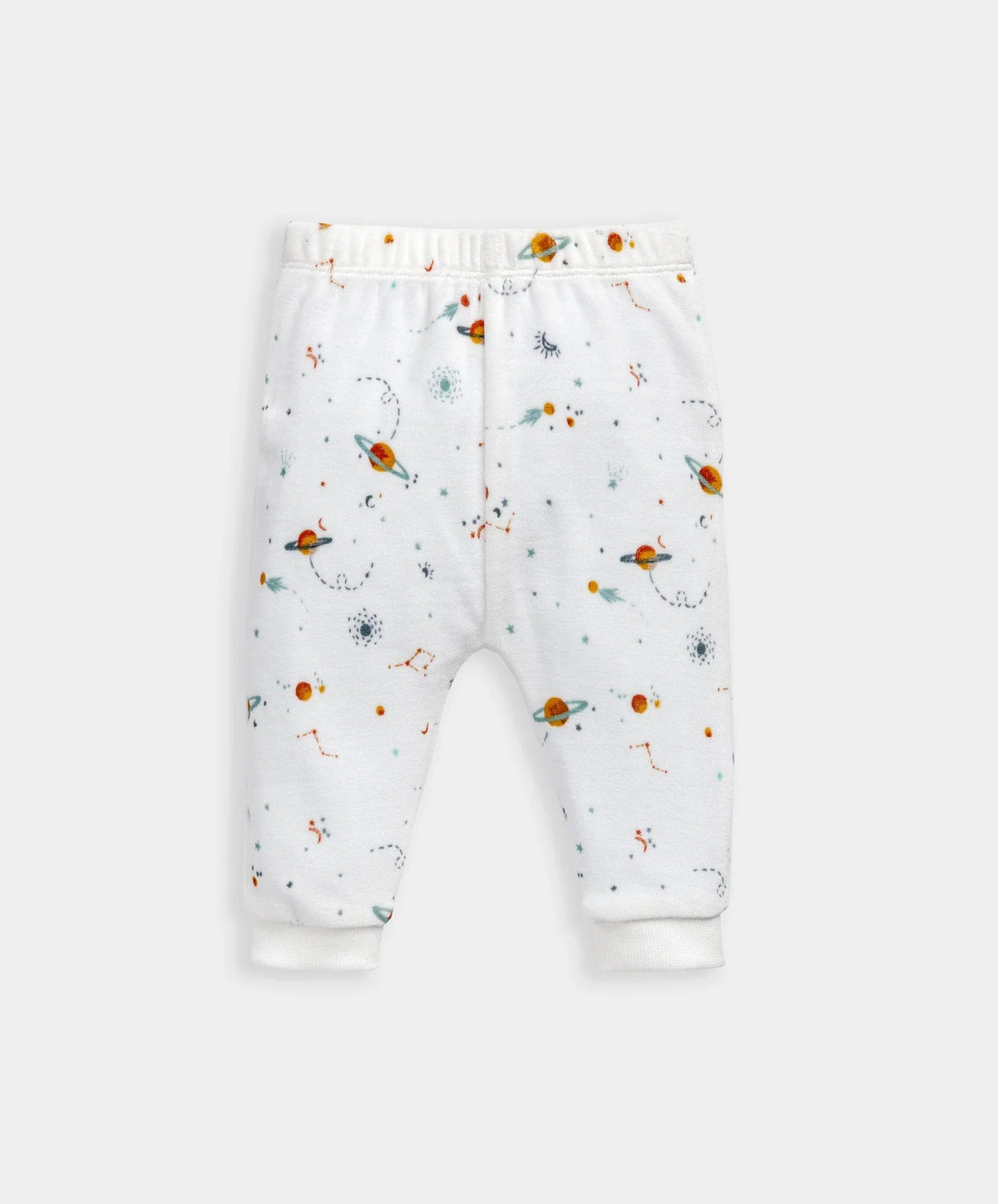 Velour pyjama pants in white with planets print, elastic waistband and cuffed legs