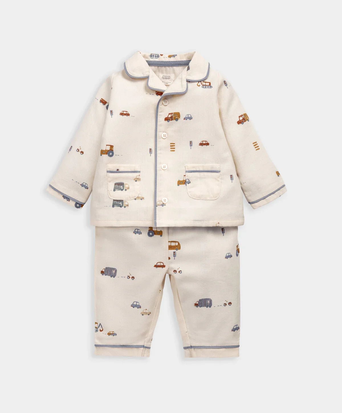 Transport print pyjama set, cream: jacket with buttoned pockets and cuffed sleeves