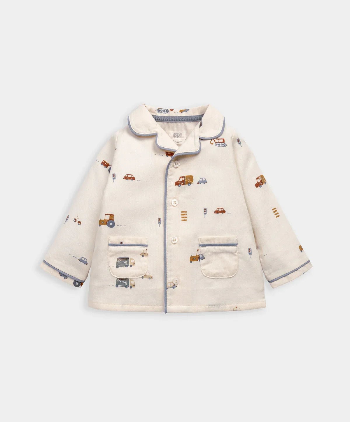 Transport print pyjama jacket, cream: zip front with chest pockets and contrast cuffs