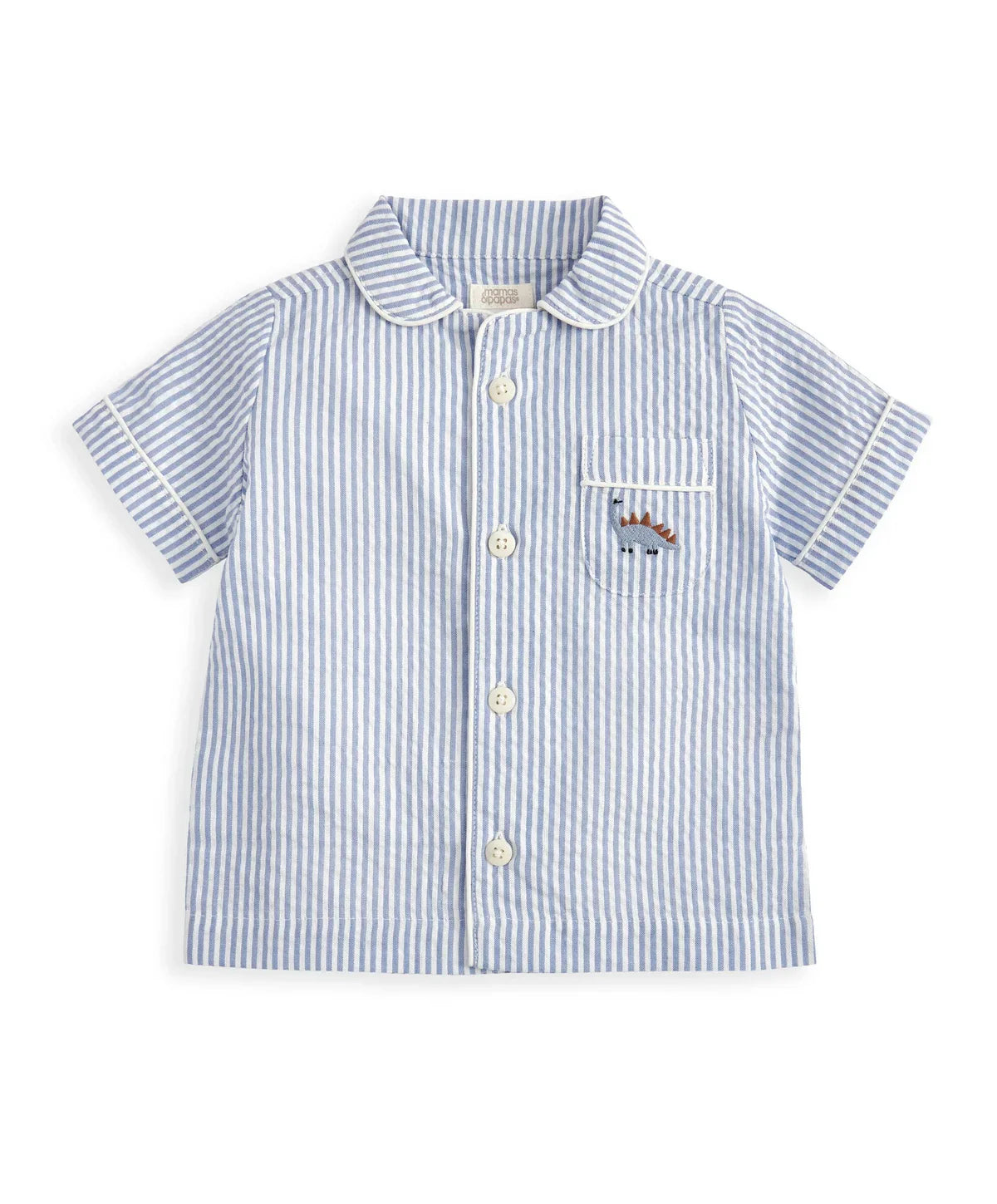 Blue-and-white striped short-sleeve pyjama shirt with button front and chest pocket