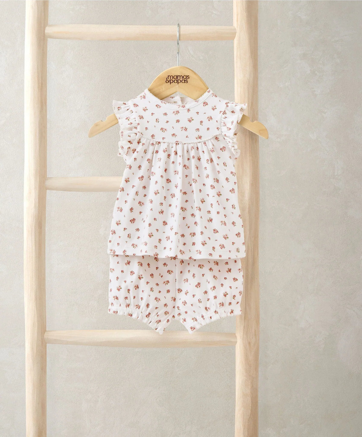 Girls rose print short pyjamas set, white sleeveless top with ruffled neckline and shorts