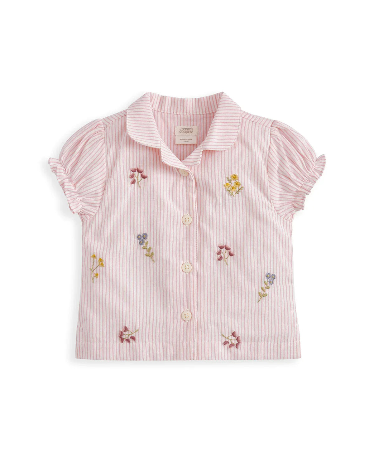 Pink striped embroidered pyjama shirt with ruffled cap sleeves and button front