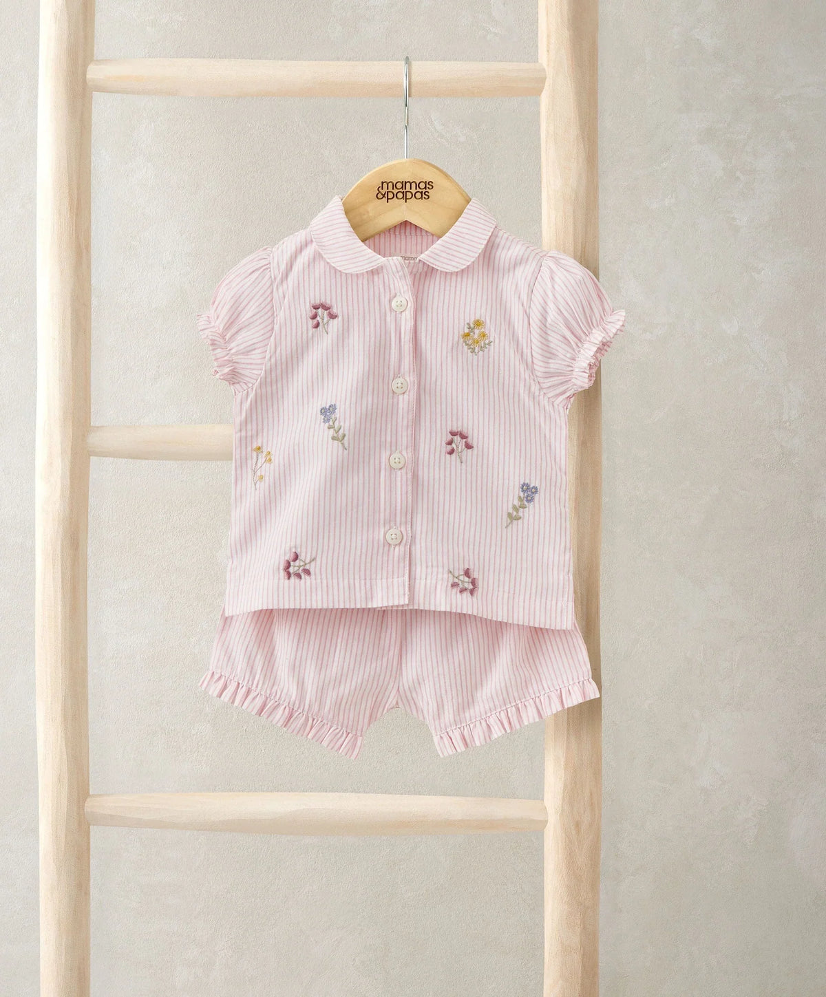 Pink striped embroidered woven pyjama set with button-up shirt and matching shorts