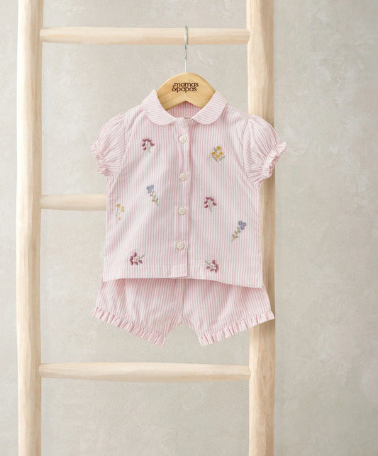 Pink striped embroidered woven pyjama set with button-up shirt and matching shorts