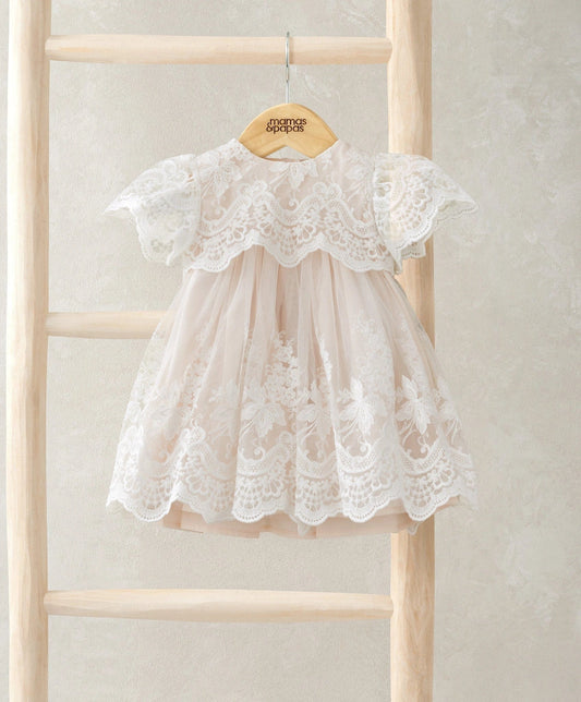 White lace frill sleeve dress with scalloped yoke and layered skirt