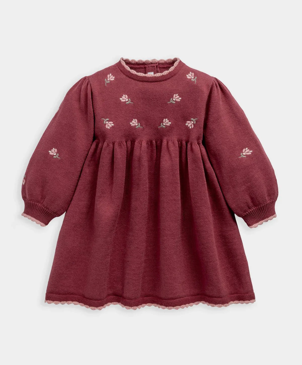 Maroon floral embroidered dress with long puff sleeves and gathered waist