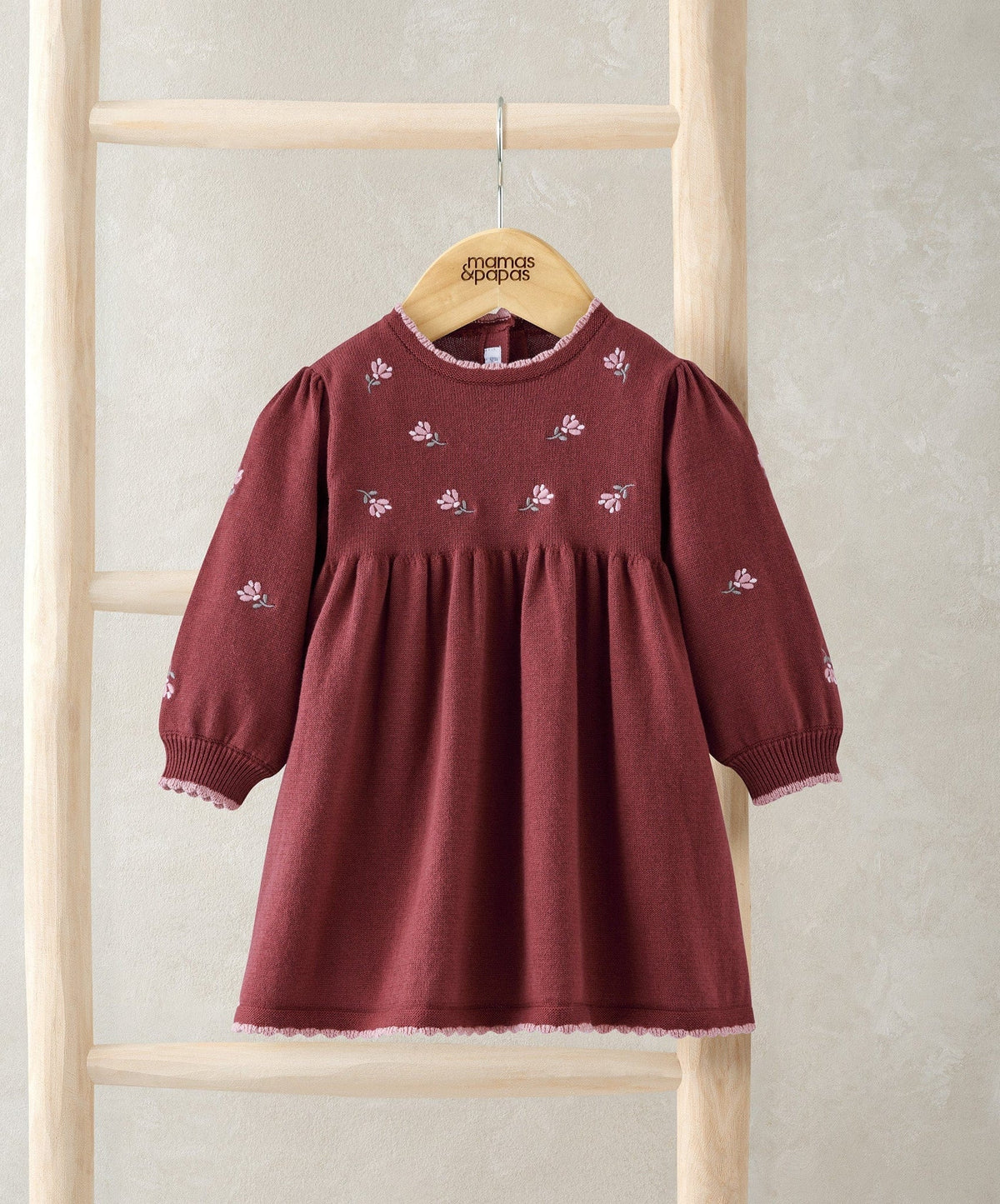 Maroon floral embroidered baby dress with long sleeves and gathered skirt