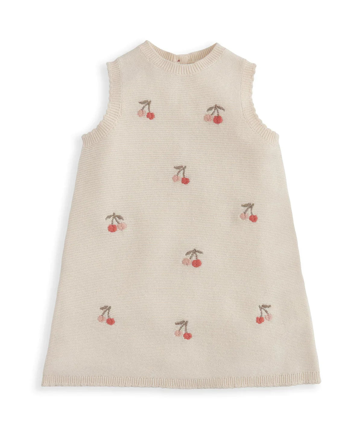 Cream knitted sleeveless dress with cherry pattern, ribbed hem and round neck