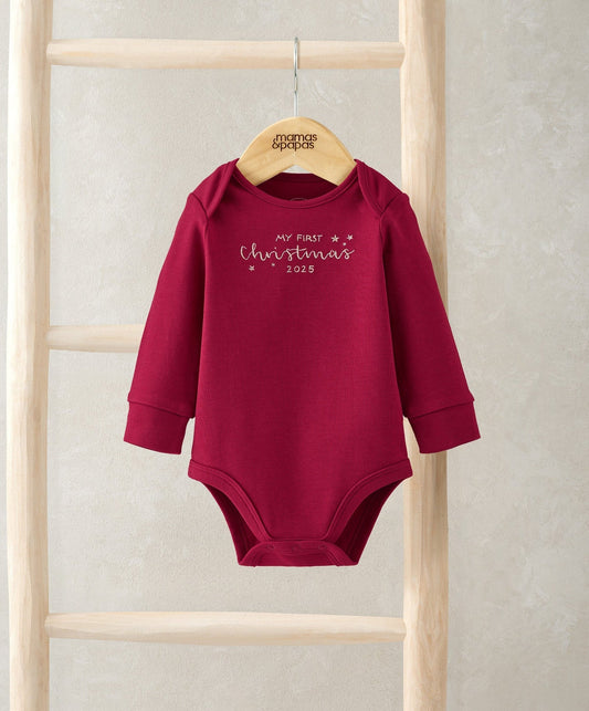 Red long-sleeve baby bodysuit with 'My first Christmas 2025' front print