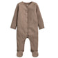 Ribbed taupe baby bodysuit with snap buttons and footed cuffs