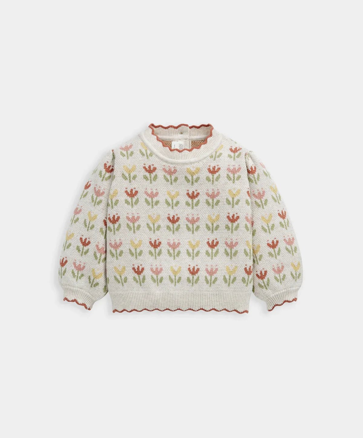 Floral knitted sweater with all-over flower motif, cream, long sleeves, ribbed hem