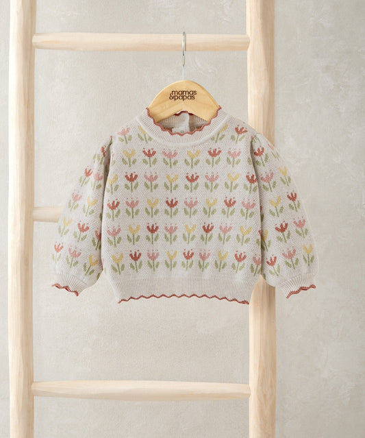 Floral knitted jumper with tulip print, cream knit, scalloped collar and red trim