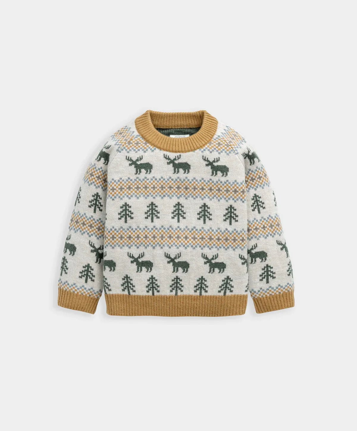 Cream knitted jumper with green moose and tree motif, tan ribbed crew neck and hem