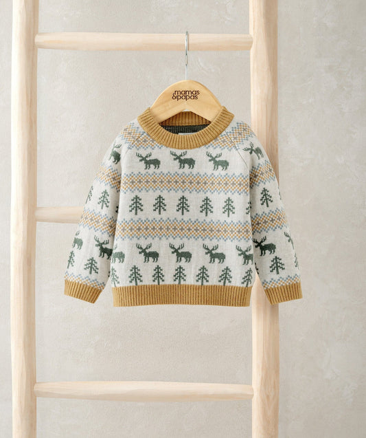 Cream knitted jumper with green moose and tree fair isle pattern, tan ribbed cuffs