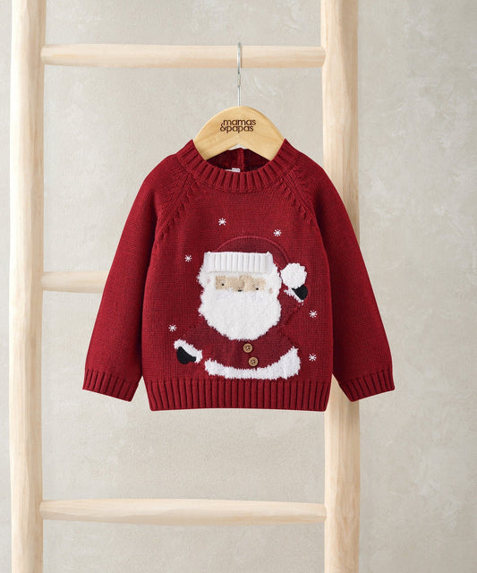 Red knit Christmas jumper with Santa graphic on front, long sleeves, ribbed crew neck