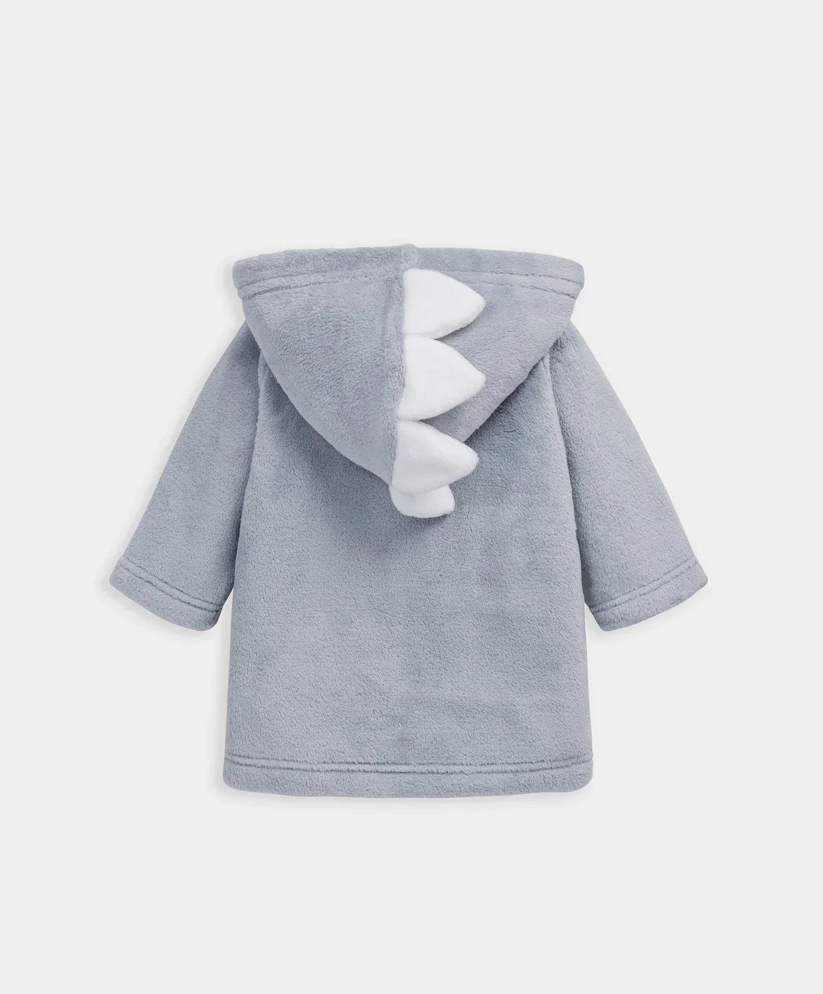 Blue hooded dressing gown with white dinosaur spikes on back hood, plush terry