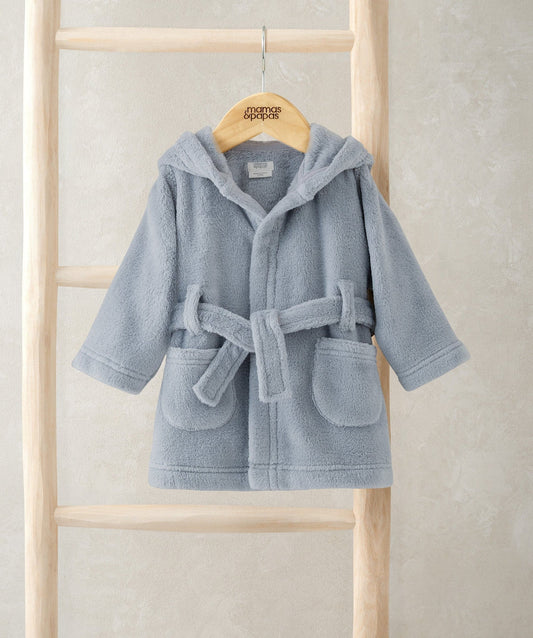 Blue hooded dressing gown with belt and front pockets, plush terry fabric