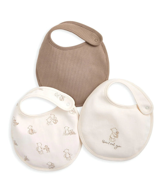 Pack of 3 baby bibs: tan ribbed and two cream bear print embroidered bibs
