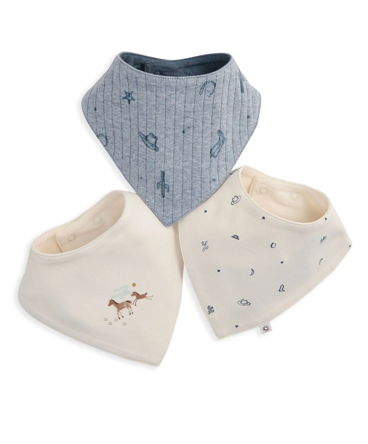 Set of 3 baby bibs: gray and cream bandana styles with small cowboy prints.