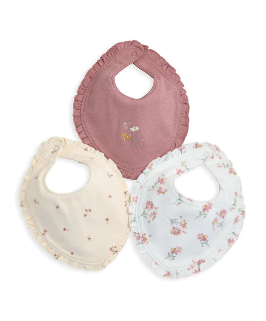Pack of 3 floral frill baby bibs: dusty pink, cream, and light blue with prints