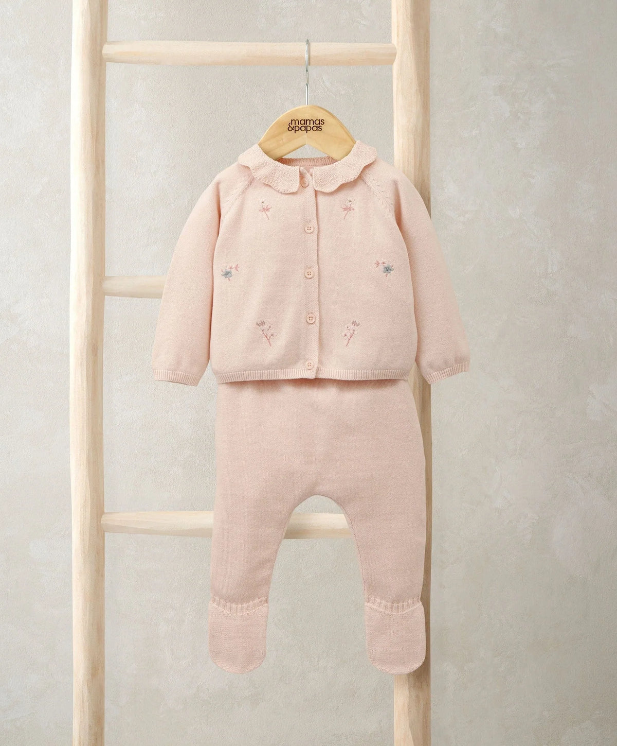Girls pink embroidered Peter Pan collar top and matching leggings, button-front