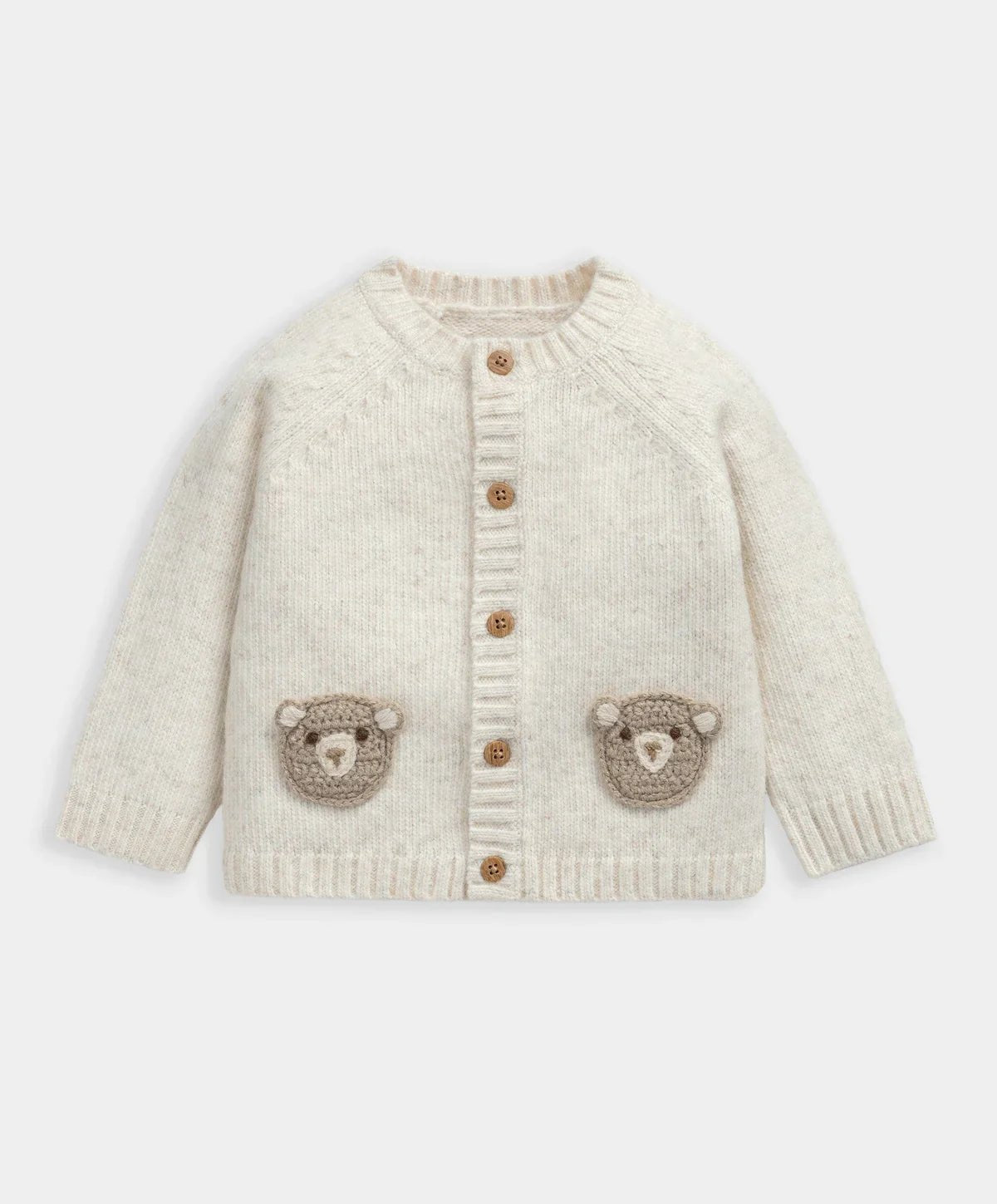 Kids cream knit cardigan with bear appliques and wooden-look button front.