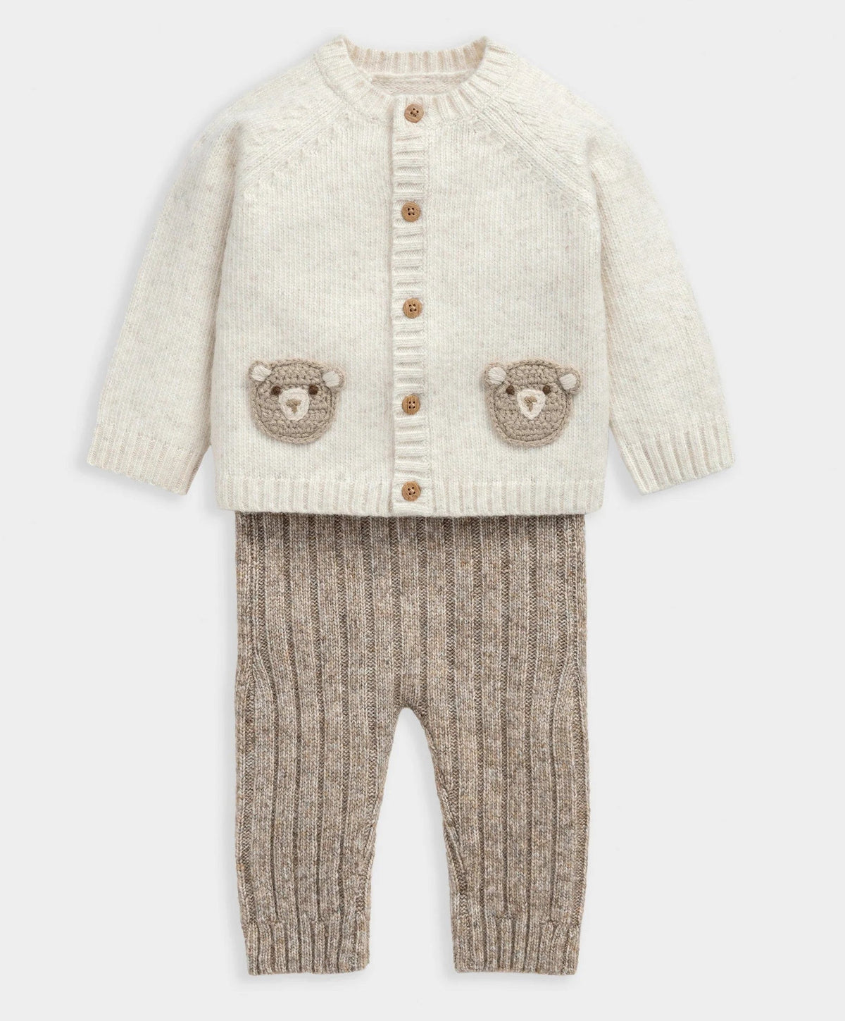 Kids cream cardigan and leggings set with bear appliques, button-front and ribbed knit.