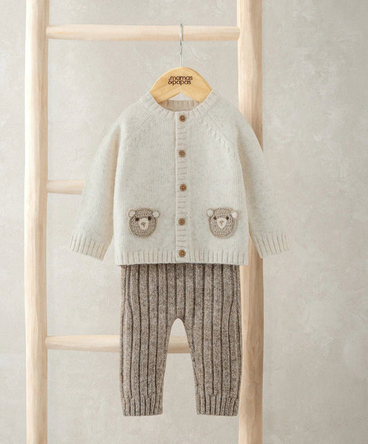 Kids cream cardigan and grey knit leggings set, bear appliques and button-front cardigan.