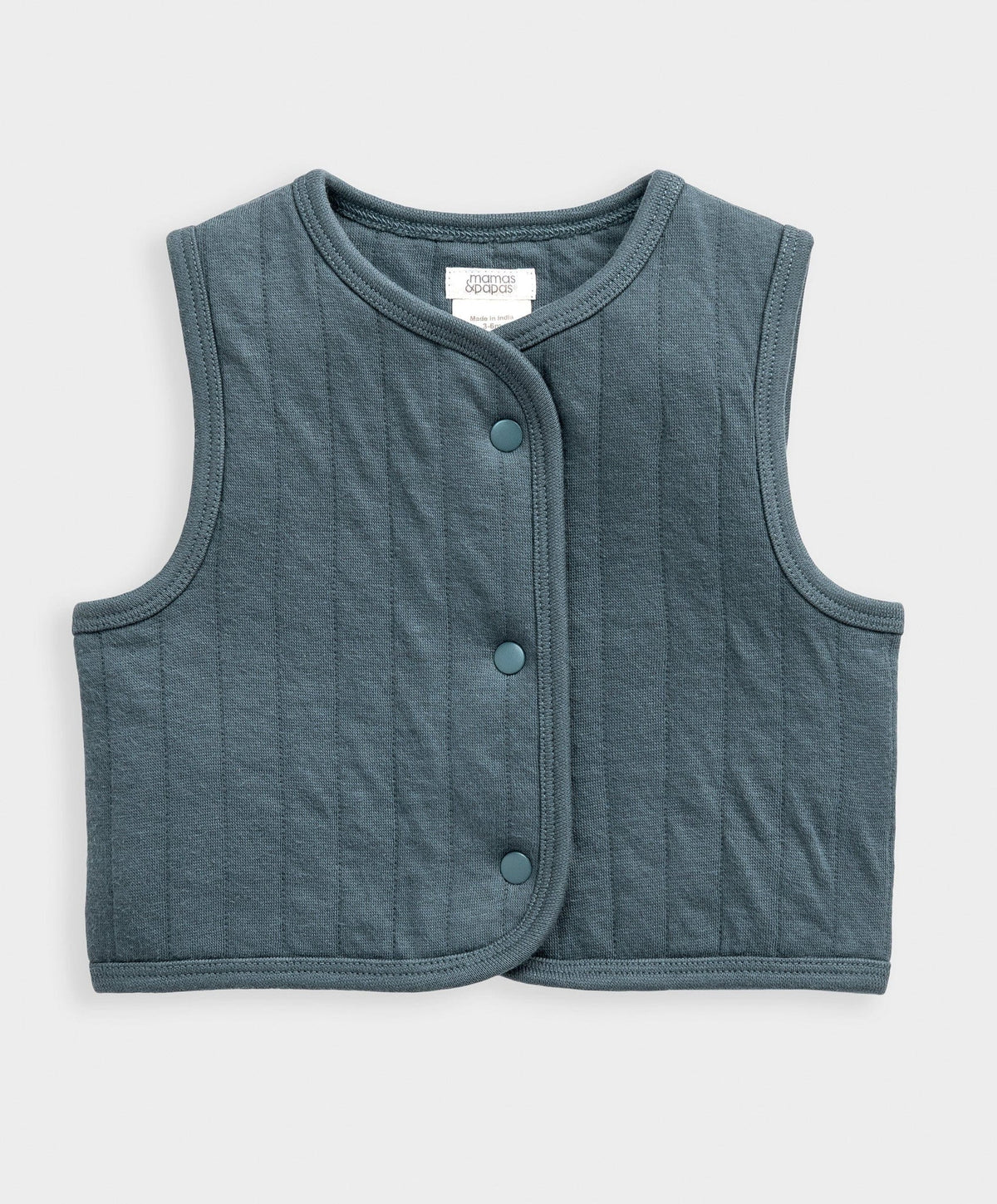 Quilted blue gilet vest with round buttons and sleeveless design