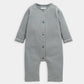 Striped long-sleeve romper with button front and rounded snaps