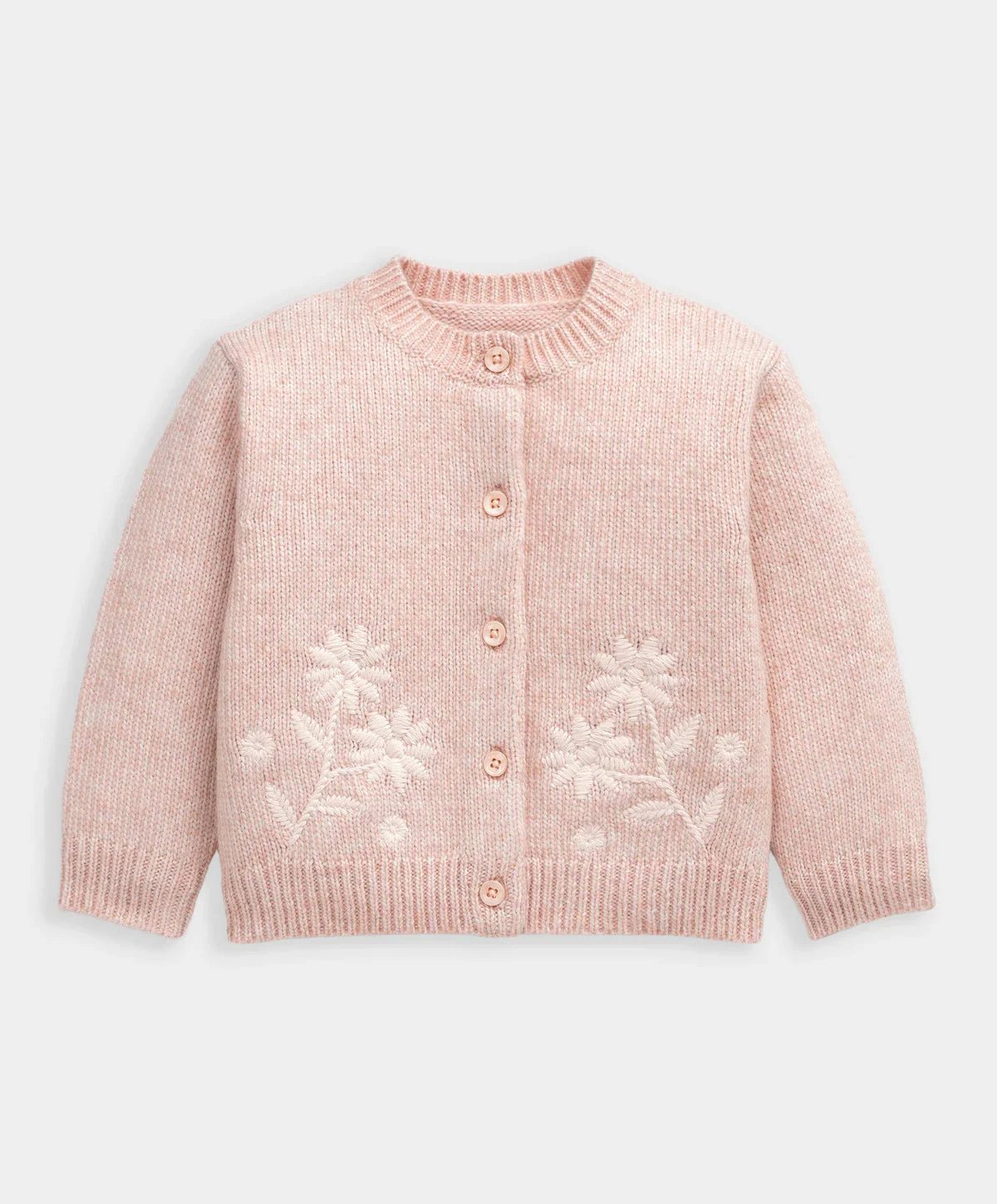 Pink knit cardigan with button front and floral snowflake pattern