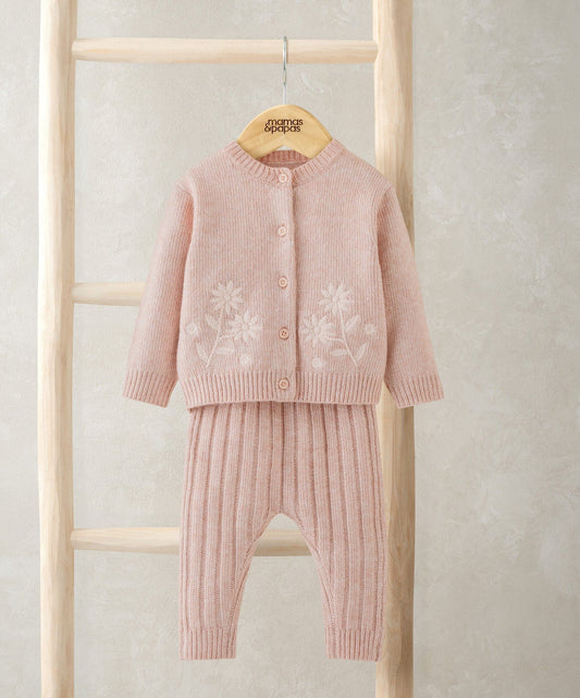 Pink floral knit cardigan and matching ribbed leggings set