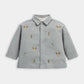 Gray cord shirt, full button front, collar, animal and tree prints