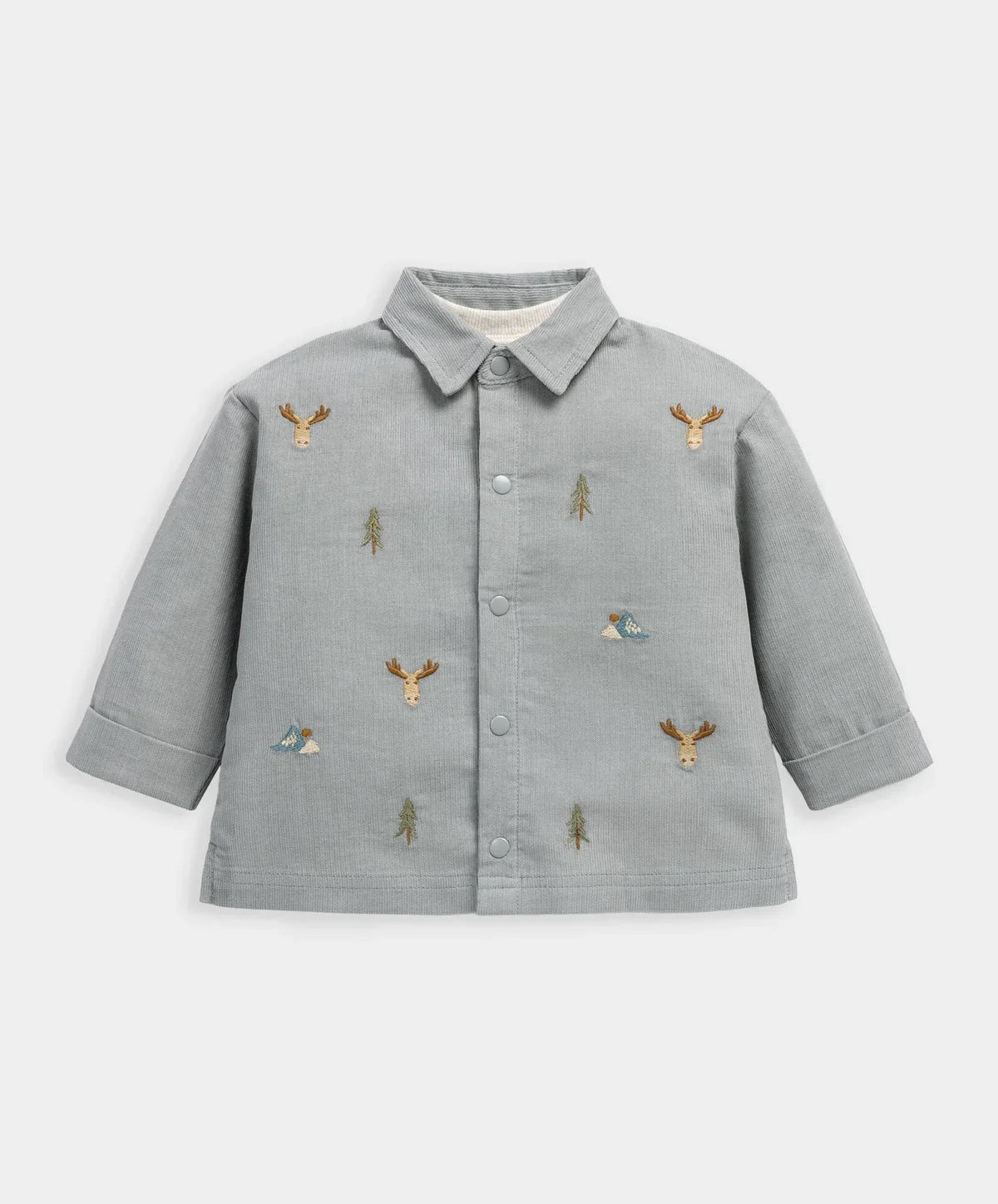 Gray cord shirt, full button front, collar, animal and tree prints